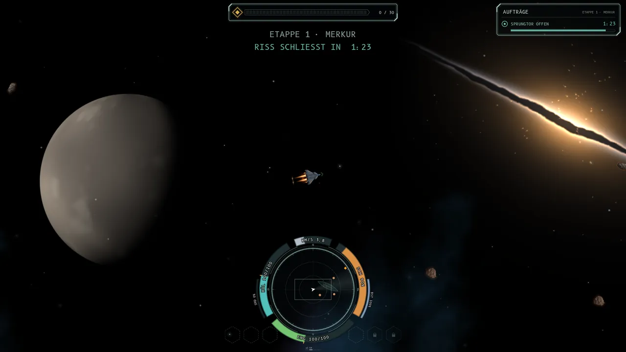 Das Schiff fliegt mit Schub auf den geöffneten VOID RIFT zu: eine lange, dünne Scheibe wie eine Galaxie von der Kante mit glühendem Kern, links der Planet Merkur